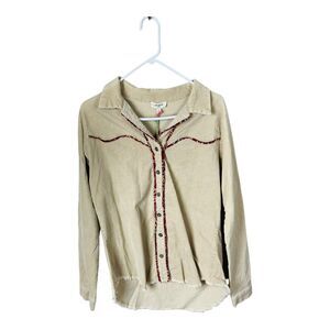 Umgee Womens High Low Button Up Corduroy Long Sleeve Blouse Fringe Hem Beige S